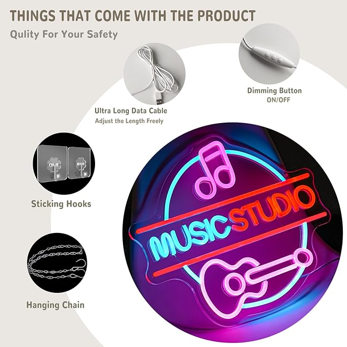 Music Neon Sign for Wall Decor Music Studio Letter Neon Light Dimmable Guitar Neon Light Sign Pink Notes LED Sign for Recording Studio Concert Club Bar Bedroom