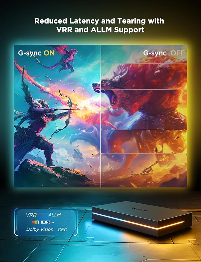 Govee HDMI 2.1 Sync Box 2, AI Sync Box with TV Backlight, Supports 8K@60Hz, 4K@144Hz, VRR and ALLM, Works with Matter and Alexa, RGBIC LED Light Strip for 55-65 inch TVs, 75 LEDs/m