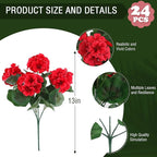 Hananona 24 Pcs Artificial Geranium Flowers for Outdoors Geranium Silk Red Flowers Outdoor UV Resistant Garden Plants Faux Flower for Christmas Home Kitchen Table Centerpieces Decor (24, Red)