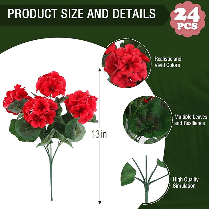 Hananona 24 Pcs Artificial Geranium Flowers for Outdoors Geranium Silk Red Flowers Outdoor UV Resistant Garden Plants Faux Flower for Christmas Home Kitchen Table Centerpieces Decor (24, Red)