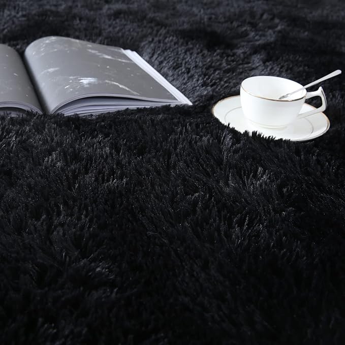 Black Shag Area Rug 9x12 - Large Soft Living Room Bedroom Shaggy Plush Rugs with Rubber Bcaking - Indoor Non-Slip Modern Fuzzy Shaggy Floor Carpet