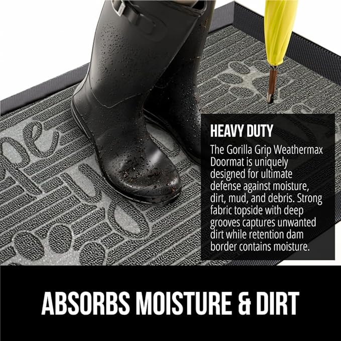 GORILLA GRIP 100% Waterproof All-Season WeatherMax Doormat, 47x35, US Designed Natural Rubber, Stain and Fade Resistant, Low Profile Indoor Outdoor Door Mats, Easy Clean Patio Mat, Stone Paws