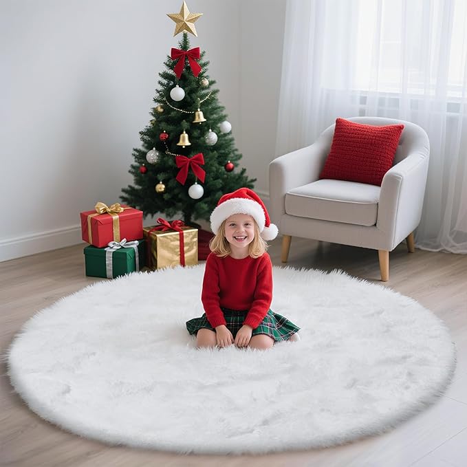 White Fluffy Round Area Rugs for Bedroom,4'X4'Shag Circle Area Rugs for Girls Room,Non Slip Fuzzy Plush Rug for Kids Room Living Room and Dorm Home Decor Rug