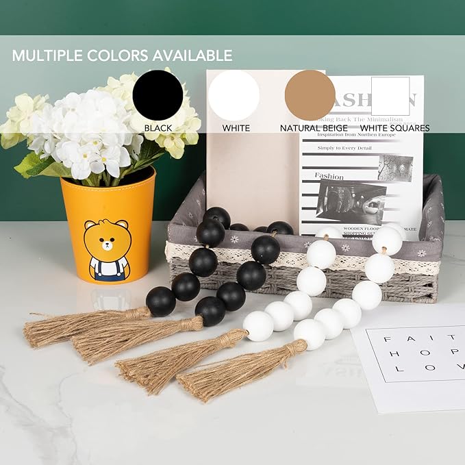 OMISHE 76" Long Extra Large Wood Bead Garland with 1.6" Diameter Wooden Beads and Tassels, Rustic Farmhouse Country Decorative Beads for Home Tiered Tray Decor, Black