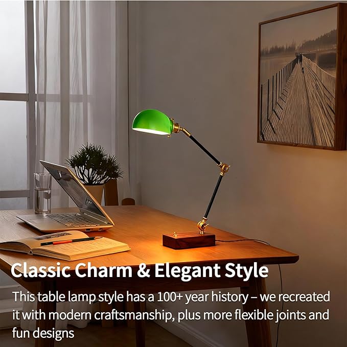 Bankers Lamp, Traditional Green Desk Lamp with Solid Ash Wood Base, Green Glass Antique Library Lamp with Power Cord Switch, Plug in Vintage Bankers Desk Lamp for Office, Study Room 【E26 Socket】