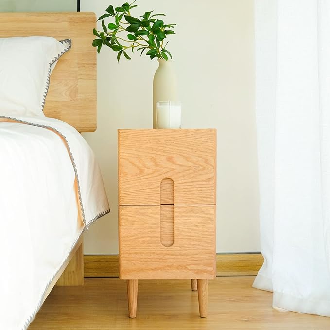 Mid Century Modern Nightstand, Narrow Nightstand, Minimalist Side Table for Bedroom, 2-Drawer Bedside Tables, (Natural, 9.84inches)