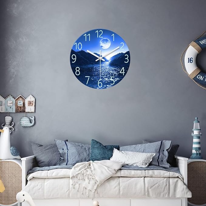 XFM Blue Moon Wall Clock Battery Operated 12 Inch Modern Silent Non Ticking Clock Decorative Wall Clocks for Kitchen Living Room Bedroom