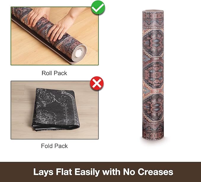 Floor Mat for Home 5×7ft, Easy Clean Plastic Rug-Like Pattern Area Mat for Living Room, Waterproof Vinyl Area Rug for Under Kitchen Table, No Slip Soft Vintage Rug for High Traffic Area (Brown)