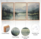 Aurlan Emerald Green Mountain Lake Landscape Framed Wall Art(16"x24"), 3PCS Abstract Forest Nature Canvas Artwork, Large Minimalist Watercolor Modern Pine Trees Scenery Decor for Office Home