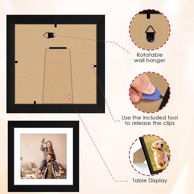 FIXSMITH 6x6 Picture Frame Set of 2, Photo Frame with HD Plexiglass, Display Pictures 4x4 with Mat or 6x6 Without Mat Multi Picture Frames Collage for Tabletop or Wall Display, Black
