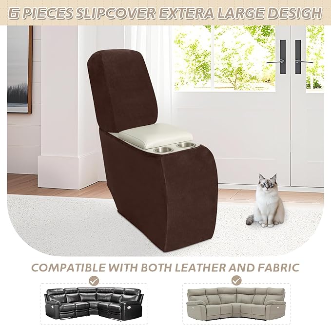Arfntevss Sectional Recliner Couch Covers Velvet Corner Sectional Sofa Cover for Reclining Couch Stretch L Shape Recliner Slipcover Washable Middle Console Protector (1 Console Cover, Dark Brown)