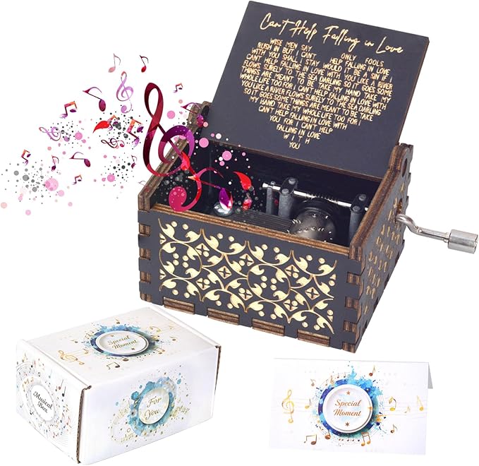 Antique Style Laser Engraved I Can't Help to Falling in Love with You Hand Cranked for Her - Musical Box, Elegant Romantic Gift for Wedding, Anniversary, Birthday (Women, Her)
