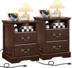 2PCS Farmhouse Nightstands with Charging Station，18" End Table with 2 Drawers，Farmhouse Nightstand with Vintage Handles, Bedside Cabinet for Bedroom for Bedroom, Living Room,Walnut