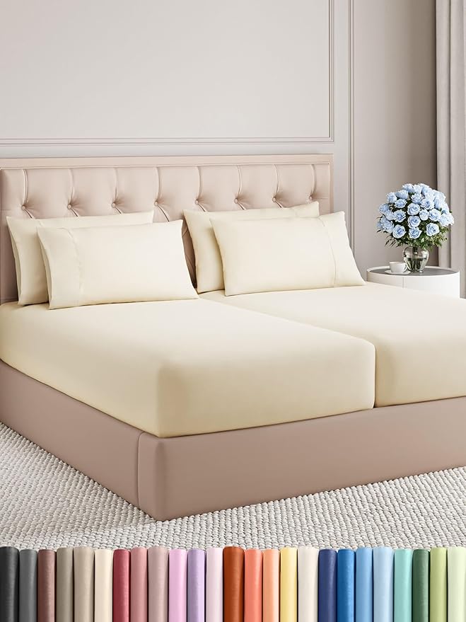Split King Sheets Set 7 Piece - Includes 4 Pillowcases - Bed Sheets Split King - Soft Hotel Luxury Bedding - Cooling, Cozy & Breathable - 1 Flat & 2 Fitted & 4 Pillowcases w/ Deep Pockets - Off White