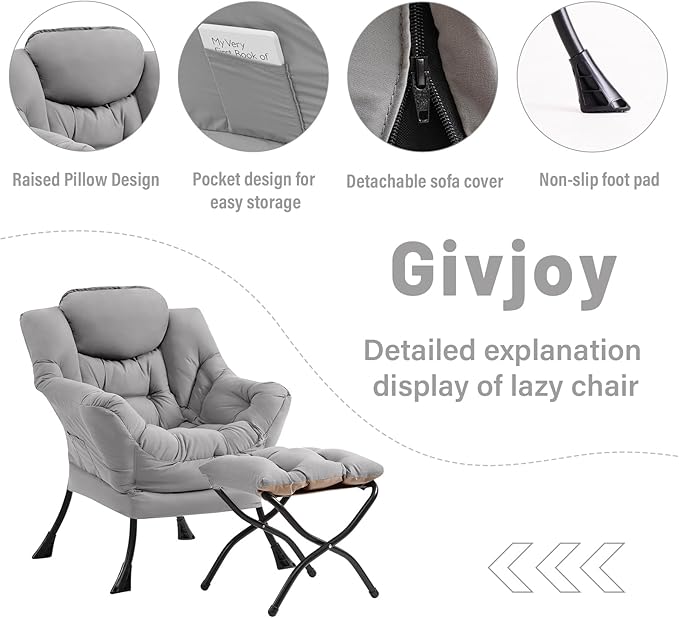 Cozy Lazy Chair and Ottoman, Large Contemporary Accent Lounge Chair Set, Leisure Upholstered Reading Armchair for Bedroom, Living Room, Dorm Rooms, Office