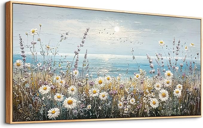 PHAOHUAXM Large Canvas Wall Decoration For Living Room Wall Art For Bedroom Office Decorations Blue Ocean Paintings Flowers Watercolour Wall Pictures Canvas Artworks Home Decor Wood Framed 24x48 In