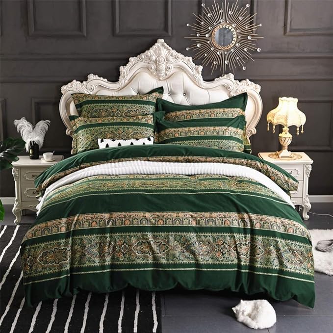 ABREEZE Bohemian Vintage Twin Size Floral Cotton Bedding Set 3Pcs Duvet Cover Set Boho Green Paisley 100% Egyptian Brushed Cotton Reversible Home Bedding Collection
