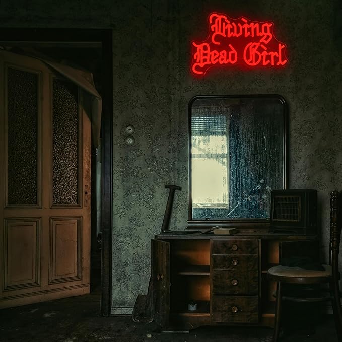 Living Dead Girl Neon Sign Gothic Scary Neon Light Red Letter LED Sign Dimmable Phrase Neon Light Up Signs for Haunted Mansion Halloween Party Horror Room Decor Words Lights Old English Font