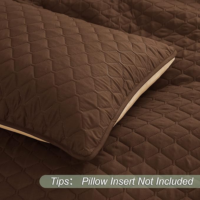 Exclusivo Mezcla Reversible King Size Quilt Bedding Set with Pillow Shams, Lightweight Quilts King Size, Soft Bedspreads Bed Coverlets for All Seasons - (Chocolate Brown, 104"x96")