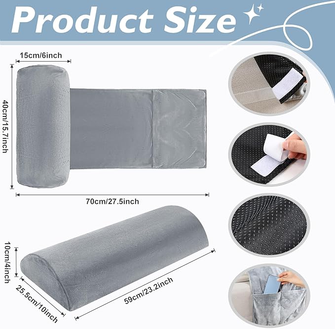 Yalikop 2 Pcs Non Slip Recliner Head Pillow Half Moon Bolster Pillow Set Neck Pillow for Office Chair Foot Pillow for Head Ankle Lumbar Support Leg Elevation Sleeping, Sofas and Loveseats (Grey)