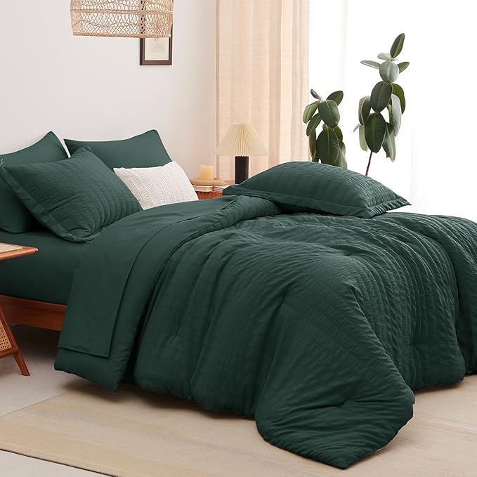 CozyLux King Size Comforter Set Forest Green Seersucker 7 Pieces Bed in a Bag King Comforter Set with Sheets, Luxury Bedding Set with Down Alternative Comforter, Sheets, Pillowcases & Shams All Season