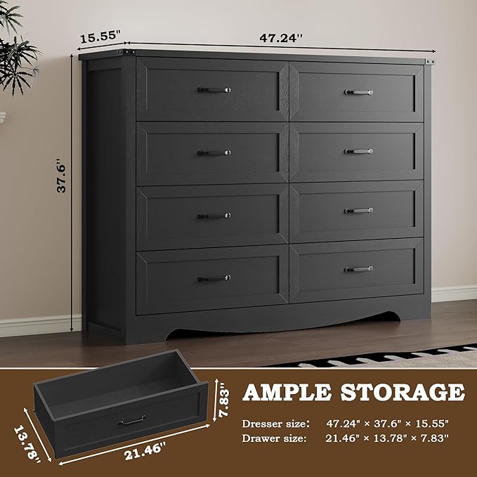 8-Drawer Dresser for Bedroom, Modern Wooden Chest of Drawers with Metal Handles, Anti-Tipping Design, Sturdy and Stable Storage Organizer for Living Room, Entryway, Home Office, Standard