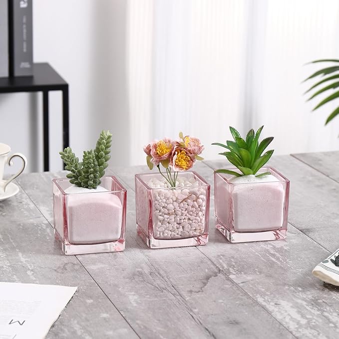 Square Flower Vases Set of 4, 3"x 3"x 3" Glass Vases for Centerpieces, Pink Vase for Flowers, Small Vase for Wedding, Party, Home Office Decoration
