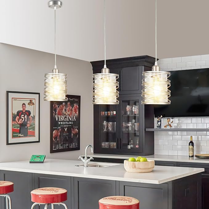 Brushed Nickel Pendant Light for Kitchen Island Spiral Iron Pendant Light Fixtures with Seeded Glass Shade, Adjustable Height Hanging Pendant Lighting for Dining Room Hallway Kitchen Foyer