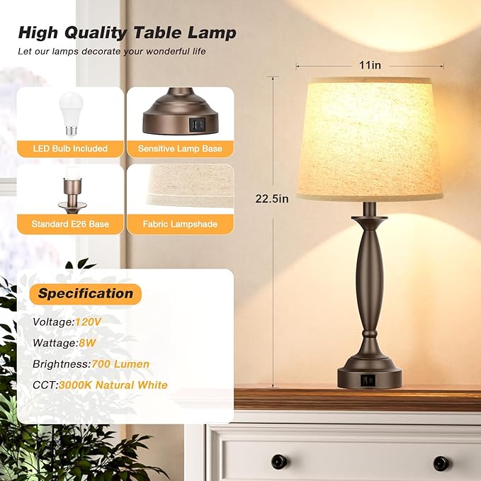 Beige Brown Lamps for Bedrooms Set of 2 - Touch Control Bedside Lamp with USB C+A, 3 Way Dimmable Nightstand Lamps with USB Port, Table Lamp for Living Room(Beige Shade and Brown Base)