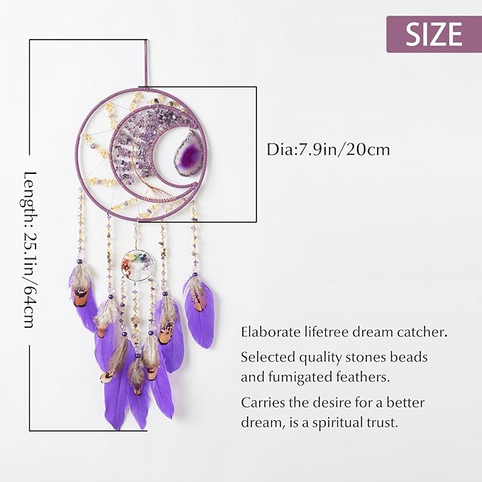 7 Chakras Agates Dream Catchers Moon Tree of Life Dream Catcher Violet Feather Dreamcatcher Wall Decor with Healing Crystal Stone Wall Art Hanging for Bedroom Home Decor Bless Gift Wedding Garden