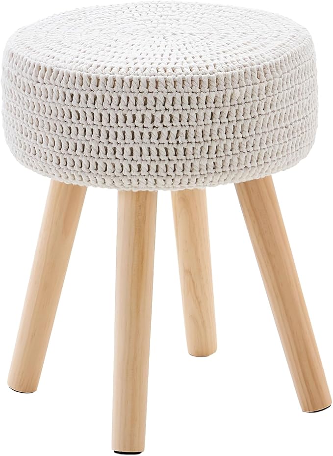 Wimarsbon Pouf Ottoman, 100% Cotton Knitted Boho Footstool, Round Footrest with Non-Skid Wood Legs, Home Décor Handmade Pouffe, Leisure Floor Step Stool for Living Room (Long Leg - Beige)