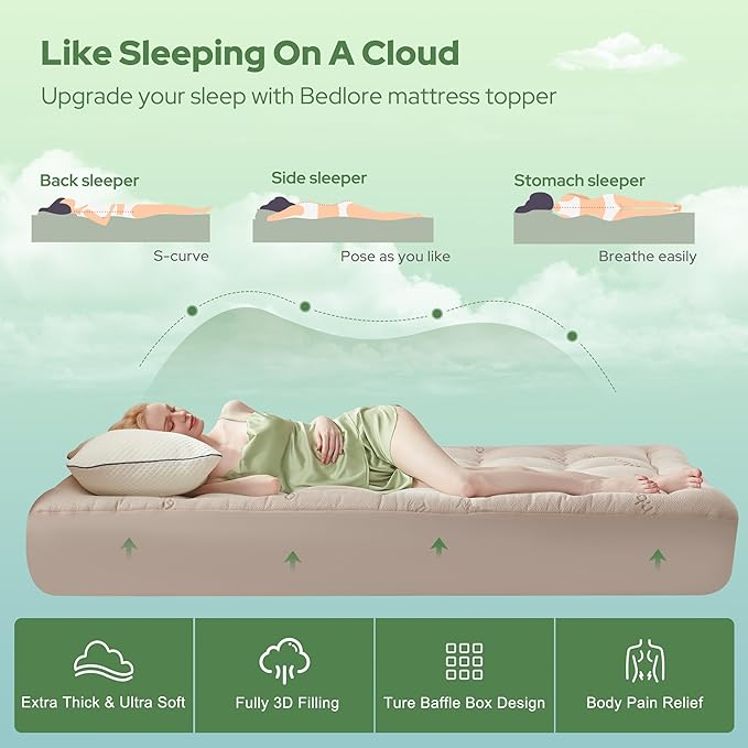 BEDLORE Twin XL Mattress Topper Viscose Derived from Bamboo, Thick Pillow Top Mattress Pad with Deep Pockets for 6-15 inches Mattress, Soft Mattress Topper College Dorm Size for Back Pain(Beige)