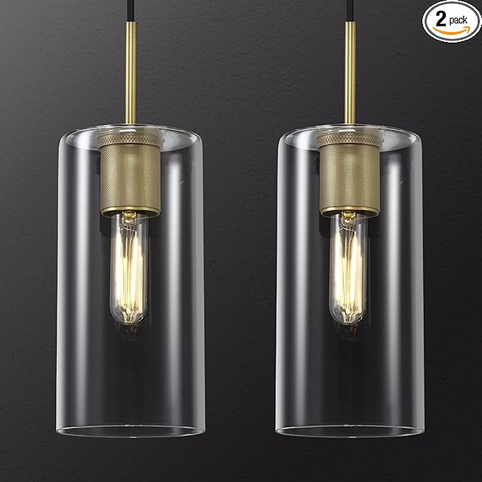 Modern Brass Pendant Lights Kitchen Island 2 Pack Glass Pendant Light Fixtures, 9.5'' Farmhouse Gold Pendant Light Kitchen Pendant Lighting Over Island for Sink, Bathroom, Bar,Dining Room