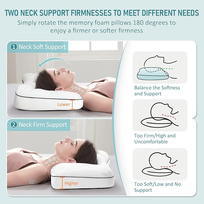 downluxe Cervical Neck Pillow for Sleeping, Side Sleeper Pillows for Adults, Ergonomic Pillow for Side, Back and Stomach Sleepers, Orthopedic Contour Memory Foam Pillows with Pillowcase, 26"L x 17"W