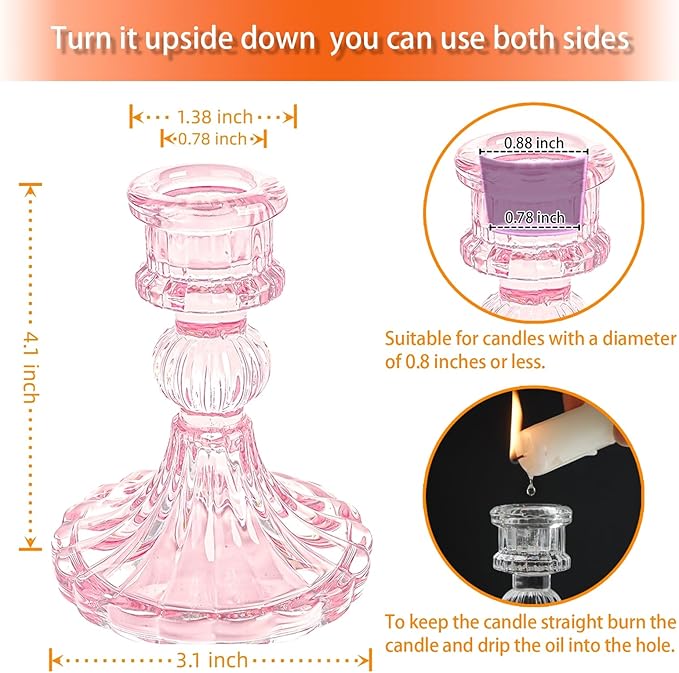 Glass Candlestick Holder,Striped Taper Candle Holders,Set of 6 Candle Stand for Table Centerpieces, Home Decor,Weddings,Festival and Parties (Pink Stripe Pattern)