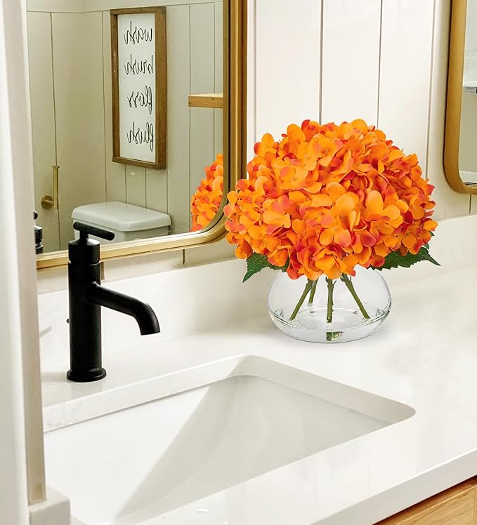 Hollyone Hydrangea Artificial Flowers in Vase Orange Silk Fake Flowers Arrangements with Glass Vase with Faux Water Faux Floral Bulk Bouquet for Office Table Centerpiece Shelf Home Decoration