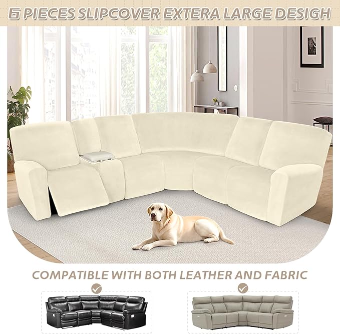 Arfntevss Sectional Recliner Couch Covers Velvet Washable Corner Sectional Sofa Cover for Reclining Stretch Soft Thick L Shape Recliner Slipcover Set (5 Seat with 1 Console Cover, Beige)