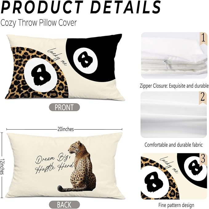Trendy Leopard Lucky 8 Ball Pillow Covers 20x12, Cheetah Leopard Print Room Decor, Funky Preppy Leopard and Black Billiards Decorative Throw Pillow Covers for Girls Dorm Apartment