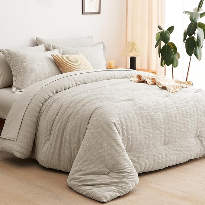 CozyLux King Size Comforter Set Beige Seersucker 7 Pieces Bed in a Bag King Comforter Set with Sheets, Luxury Soft Bedding Set with Down Alternative Comforter, Sheets, Pillowcases & Shams All Seasons
