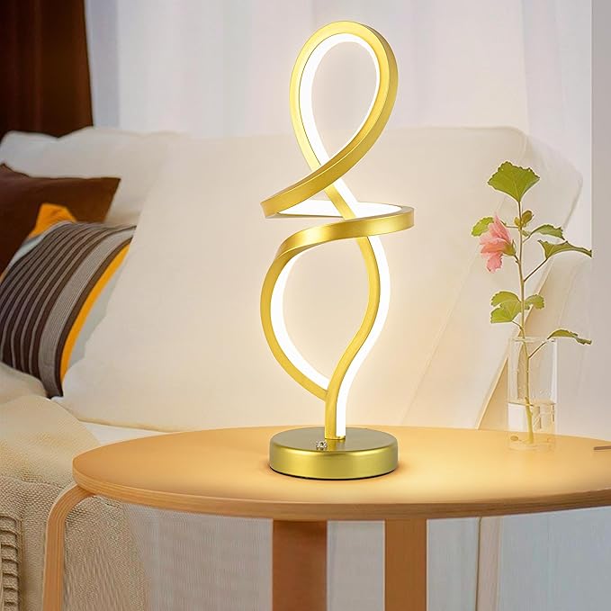 Mayful Modern RGB Table Lamp with LED Spiral Design, Gold Bedside Lamp & Nightstand Lamp, Touch Dimmable with 7 Colors & 10 Modes for Bedroom, Living Room, Home Office, 15W