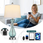 27.5" Coastal Glass Table Lamp Set of 2, 3-way Dimmable Full Touch Control Beach Lamp with USB A+C Port, Glass Nautical Bedside Lamp with White Shade for Living Room Bedroom(LED Bulbs Included)