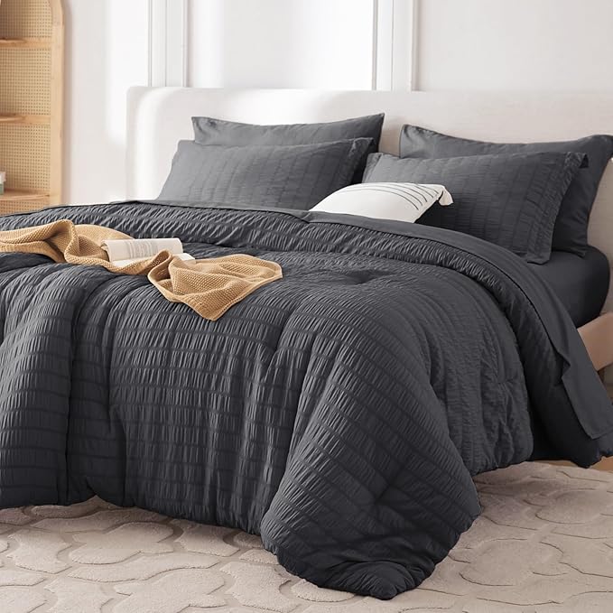 MUXHOMO 7 Pieces King Comforter Set, Seersucker Bed in a Bag King Size, All Season Luxury Bedding Set with Comforter, Flat Sheet, Fitted Sheet, Pillowcases & Shams, Dark Grey