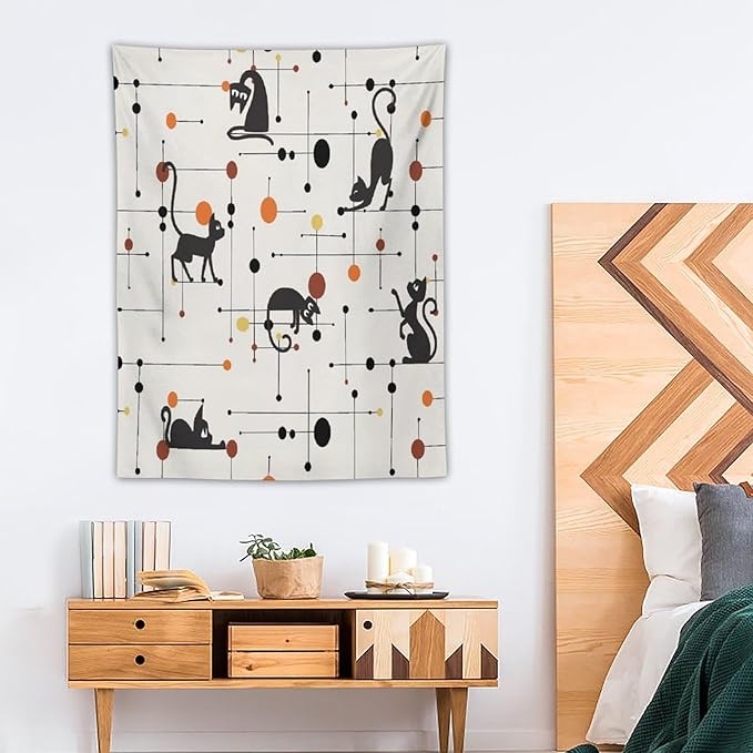 ICMOLYYENLO Abstract Cat Tapestry, Medieval Abstract Atomic Star Cat Vintage Home Wall Hanging Art Tapestry for Bedroom Living Room Dormitory 40x60 Inch