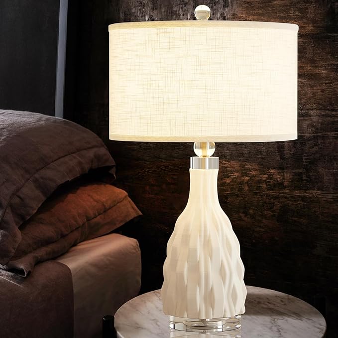 Modern White Textured Ceramic Table Lamps 22.5In, Plug in Table Lamp Decor for Office Living Room Bedroom Bedside Nightstand
