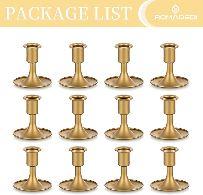 Candlestick Holders Taper Candle Holders, Romadedi Gold Candle Stick Candle Holder for Table Centerpiece, Wedding Reception, Festive Christmas Mantel Decoration or Home Decor, Set of 12