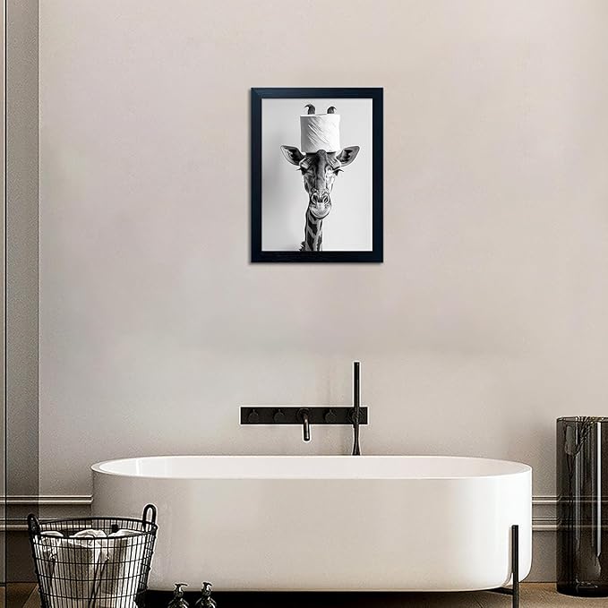 Framed Funny Bathroom Wall Art, Giraffe with a Toilet Paper Roll on Head Decor, Black and White Bathroom Pictures Wall Decor, Humor Animal Canvas Print Artwork