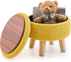 Wimarsbon Pouf Ottoman, 100% Cotton Knitted Boho Footstool, Round Footrest with Non-Skid Wood Legs, Home Décor Handmade Pouffe, Leisure Floor Step Stool for Living Room (Storage Yellow)