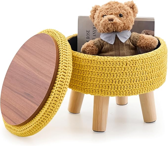 Wimarsbon Pouf Ottoman, 100% Cotton Knitted Boho Footstool, Round Footrest with Non-Skid Wood Legs, Home Décor Handmade Pouffe, Leisure Floor Step Stool for Living Room (Storage Yellow)