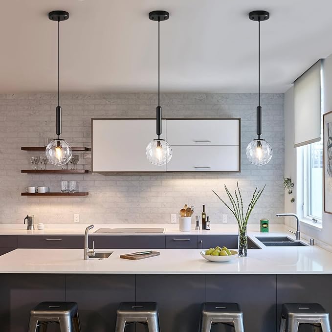 Modern Black Pendant Light Hanging Fixture Light for Kitchen Island Mid Century with Globe Pendant Light Clear Glass Pendant Lighting for Living Room Bedroom Entryway (3 Pack)