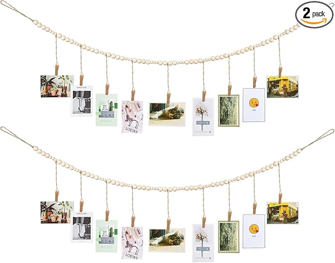 Wall Hanging Photo Display with Wooden Beads Garland 4 Feet Boho Collage Picture Frame DIY Picture Photo Frame Set with 9 Wood Clips for Rustic Country Home, Office Nursery Room Decoration(2 Pieces)